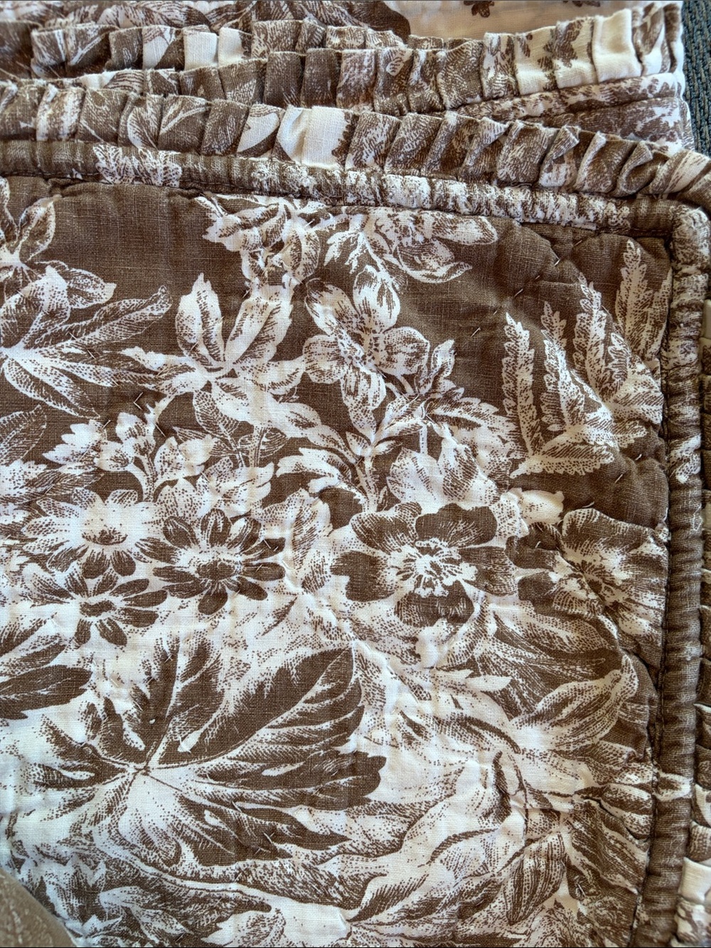 Rare Pottery Barn Matine French Toile Quilt w/ Ruffle Pleated Edges Reversible - Picture 3 of 6